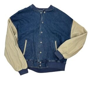 VINTAGE Blue Denim Varsity Bomber Tan Sleeves Jacket Mens L